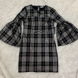 New York & Company Black and White Plaid Bell-Sleeve Sheath Dress